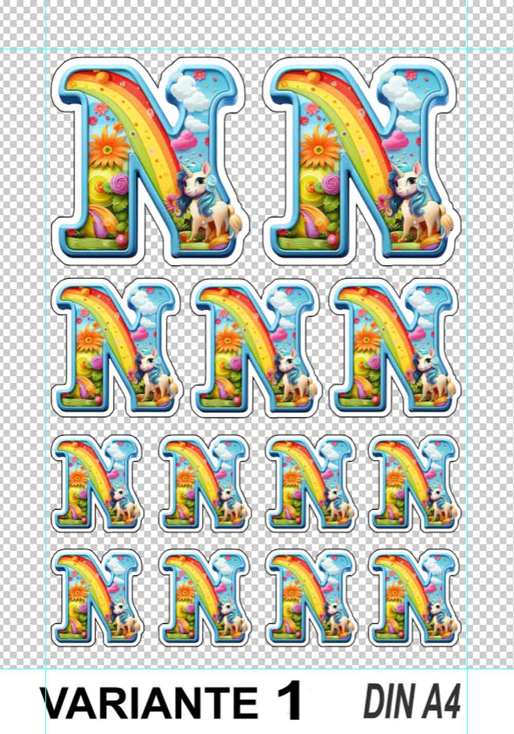 Buchstabe N Einhorn Sticker - 13 hochwertige Aufkleber für Handy