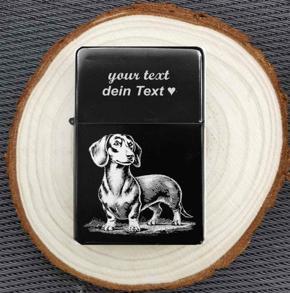 Dackel Feuerzeug mit Gravur Hundebild personalisiertes Geschenk