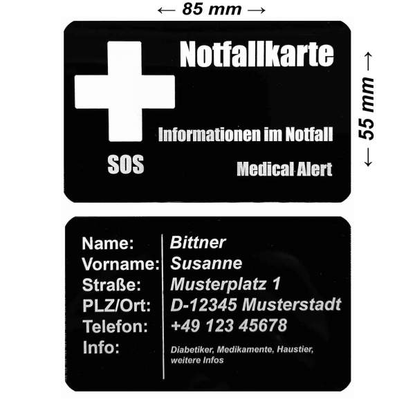 Notfallkarte ALU Visitenkarte SOS personalisierte Notfallinformation Kontaktdaten Hilfe im Notfall