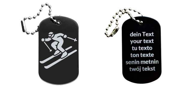 Skifahrer Schlüsselanhänger personalisierbar - Dogtag auch mit QR Code oder Foto
