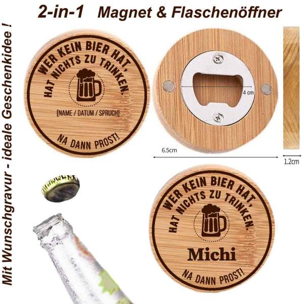 Personalisierbarer Flaschenöffner mit Magnet und verschiedenen Gravur-Optionen.