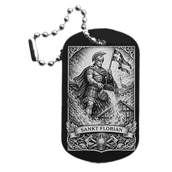 Schlüsselanhänger schwarzer Alu Dogtag mit Lasergravur Motiv Sankt Florian Schutzpatron