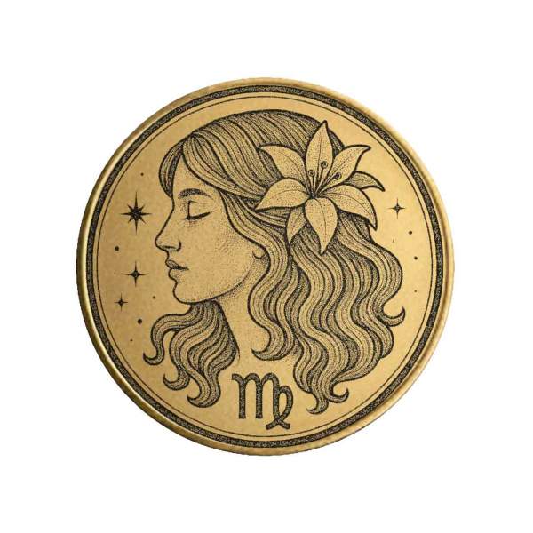 Vorderseite der Sternzeichen Münze "Jungfrau" aus Messing mit astrologischer Gravur.