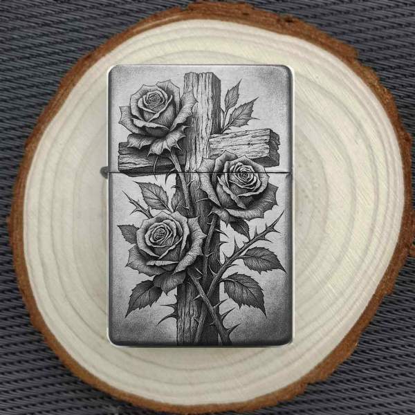 Kreuz mit Rosen Feuerzeug optional personalisiert