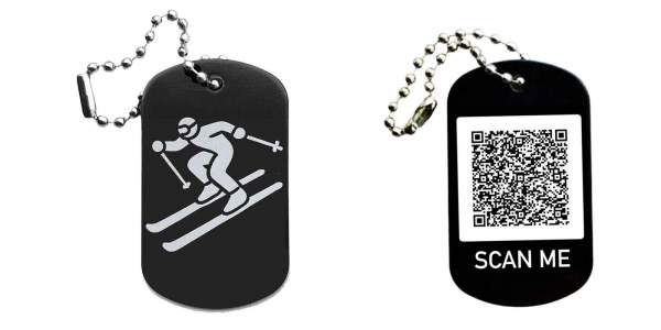 Skifahrer Schlüsselanhänger personalisierbar - Dogtag auch mit QR Code oder Foto