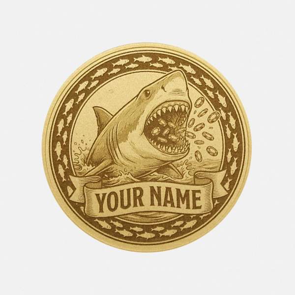 Vorderseite des Poker Card Guards aus Messing mit Hai-Motiv, Pokerchips und Namensgravur.