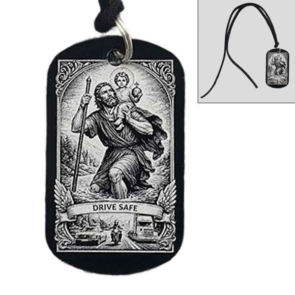 Schwarzer Alu Dogtag Christophorus Schutzpatron Anhänger für den Rückspiegel mit Lasergravur