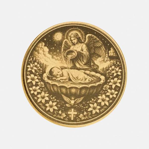 Vorderseite der Taufmünze aus Messing: Engel tauft schlafendes Baby im Taufbecken, darüber Taube und Kreuz.