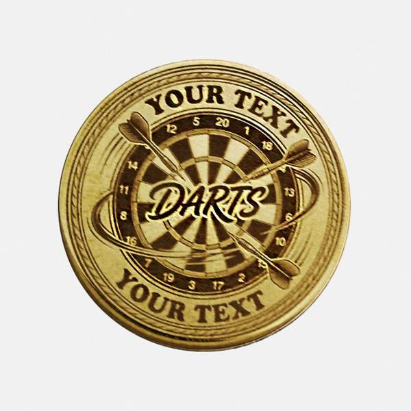 Vorderseite der Darts-Münze mit Textfeldern oben und unten und Dartboard-Motiv.