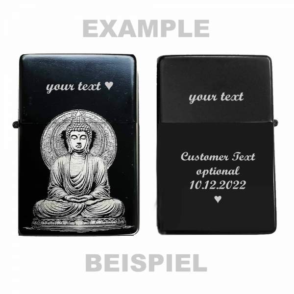 Accendino Buddha e incisione del testo personalizzato - Motivo laser Statua del Buddha e testo inciso