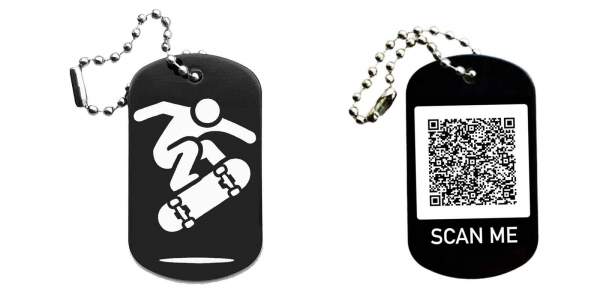 Skater Skateboard Schlüsselanhänger personalisierbar - Dogtag auch mit QR Code oder Foto