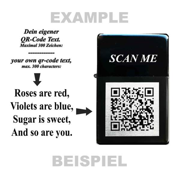 QR-Code Feuerzeug mit Gravur personalisiertes Geschenk eigener Text Kontakt Notfall