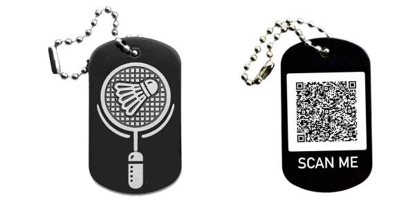 Badminton Schläger Schlüsselanhänger personalisierbar - Dogtag auch mit QR Code oder Foto