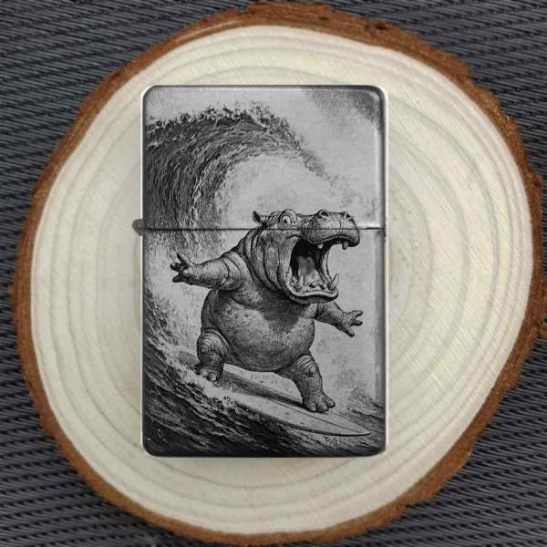 Surfendes Nilpferd Feuerzeug optional personalisiert