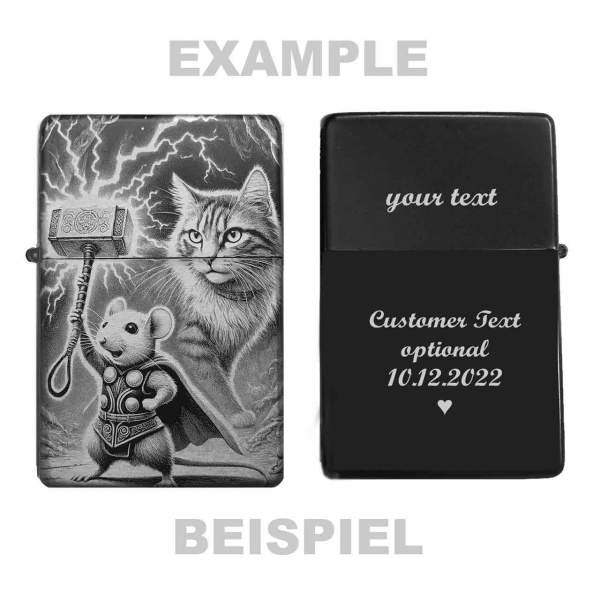 Feuerzeug Katze Maus mit Thorhammer – personalisierbar