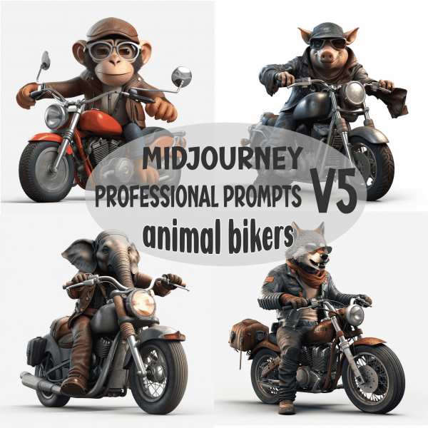 Midjourney Prompt, tierische Biker, 3D Cartoon Character, professionelle KI Kunst, Sofort-Download