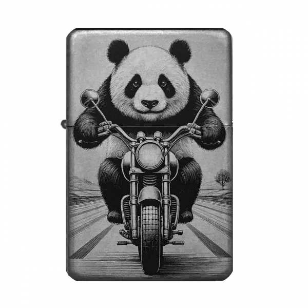 Sturmfeuerzeug "Panda auf Motorrad" – personalisierbar