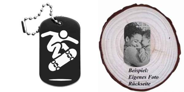 Skater Skateboard Schlüsselanhänger personalisierbar - Dogtag auch mit QR Code oder Foto