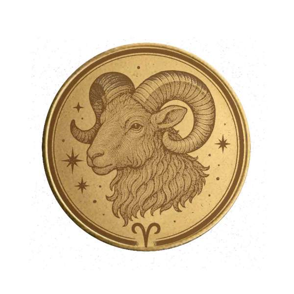 Vorderseite der Sternzeichen Münze "Widder" aus Messing mit detailreicher astrologischer Gravur.